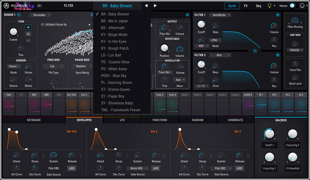 screenshot of arturia pigments showing a list of the 15 free presets