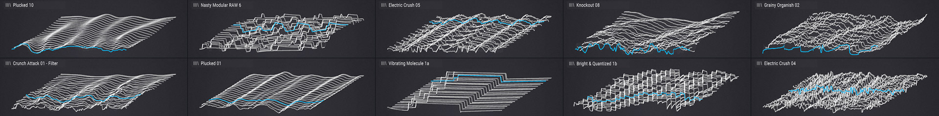 collage depicting a selection of the included free custom wavetables that come with this pigments pack