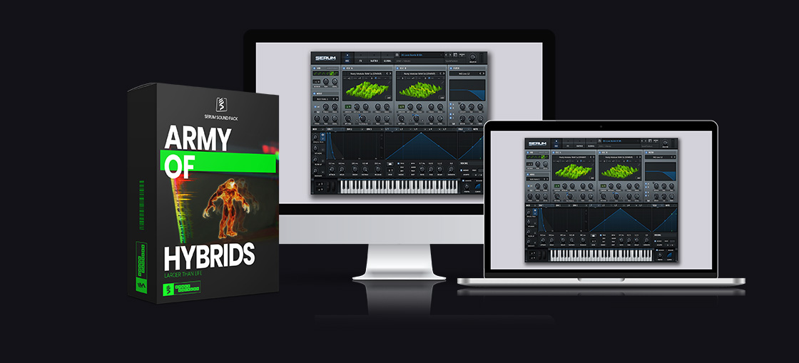 virtual screens with serum gui next to SparkPackers virtual preset pack called 'Bass and Freaks'. Genre: Future Bass